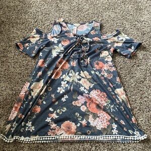 Floral Cold Shoulder Top with Lace Trim